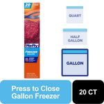 Tall product-strip packaging image for Hefty freezer gallon bags with bag illustrations and '20 CT' badge.