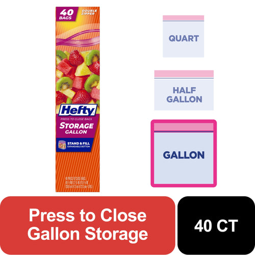 Tall product box for Hefty gallon press-to-close storage bags with fruit image and size icons