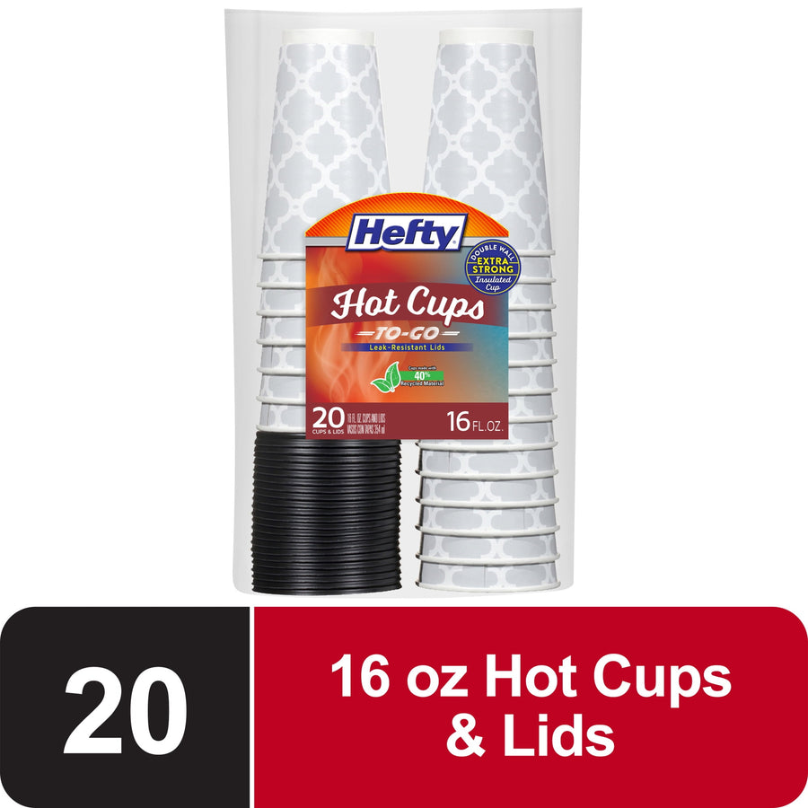 Packaged stack of Hefty gray lattice-pattern disposable hot cups with black lids visible and Hefty label