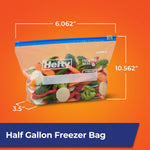 Hefty half-gallon freezer bag shown with dimensions and orange background, filled with mixed vegetables
