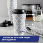 Hefty gray lattice-pattern disposable hot cup with black lid on countertop with coffee accessories in background