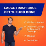 Orange panel reading 'Large Trash Bags Get The Job Done' featuring a man pointing and a checklist of uses like kitchen cleanup, garage, storage, donations.