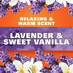 Graphic panel with lavender and vanilla flowers and bold text reading “Lavender & Sweet Vanilla” on an orange background.