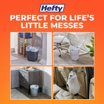 Hefty promotional collage showing small-room uses for medium trash bags including bathroom, office, bedside and car trash scenarios
