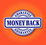 Blue and white circular 'Money Back Guarantee' badge on an orange background.
