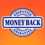 Money back guarantee badge in blue and white on an orange gradient background used in Hefty packaging marketing