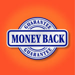 Round blue and white money back guarantee badge on an orange background, styled as a seal or stamp