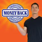 Man presenting a large blue and white “Money Back Guarantee” seal against an orange background.
