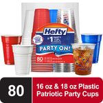 Packed assortment of Hefty red, white, blue and clear patriotic plastic party cups with branded label and ice-filled cup