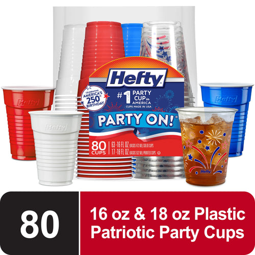 Packed assortment of Hefty red, white, blue and clear patriotic plastic party cups with branded label and ice-filled cup