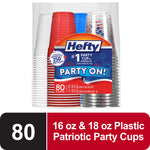 Package front of Hefty patriotic party cups showing red, white, blue and clear printed cups with product label and quantity callout