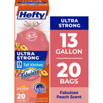 Boxed Hefty Ultra Strong 13 gallon tall kitchen trash bags in peach packaging with Fabuloso logo and quantity callout