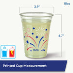 Clear Hefty printed 18oz plastic cup with patriotic fireworks design and measurement callouts showing height and diameter