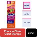 Hefty quart storage bag box packaging with fruit image, product name and 25 count callout