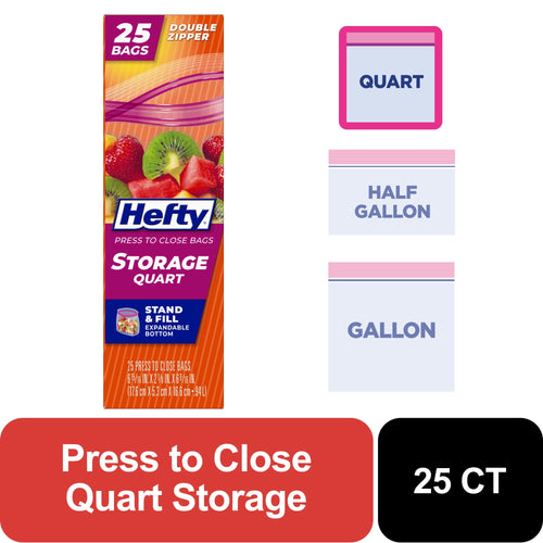 Hefty quart storage bag box packaging with fruit image, product name and 25 count callout