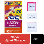 Single Hefty Storage Slider Quart box graphic with 50 count badge and size icons comparing quart, half gallon, and gallon.