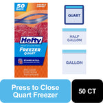 Hefty Freezer quart bag packaging graphic with brand logo, steak image and bag size icons on orange background