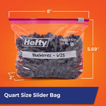 Hefty quart slider bag of blueberries with printed dimensions and a white label area on an orange background