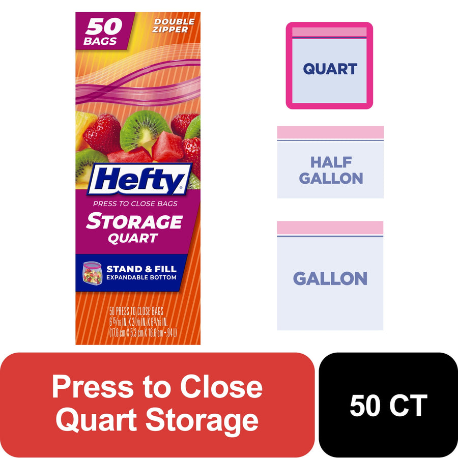 Hefty quart storage bag packaging panel with fruit image, brand logo and icons showing quart/half-gallon/gallon sizes