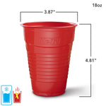 Single red Hefty cup on white background with measurements showing 3.87" by 4.81"