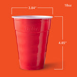 Single red Hefty plastic cup on orange background with dimensions and 18 oz callouts