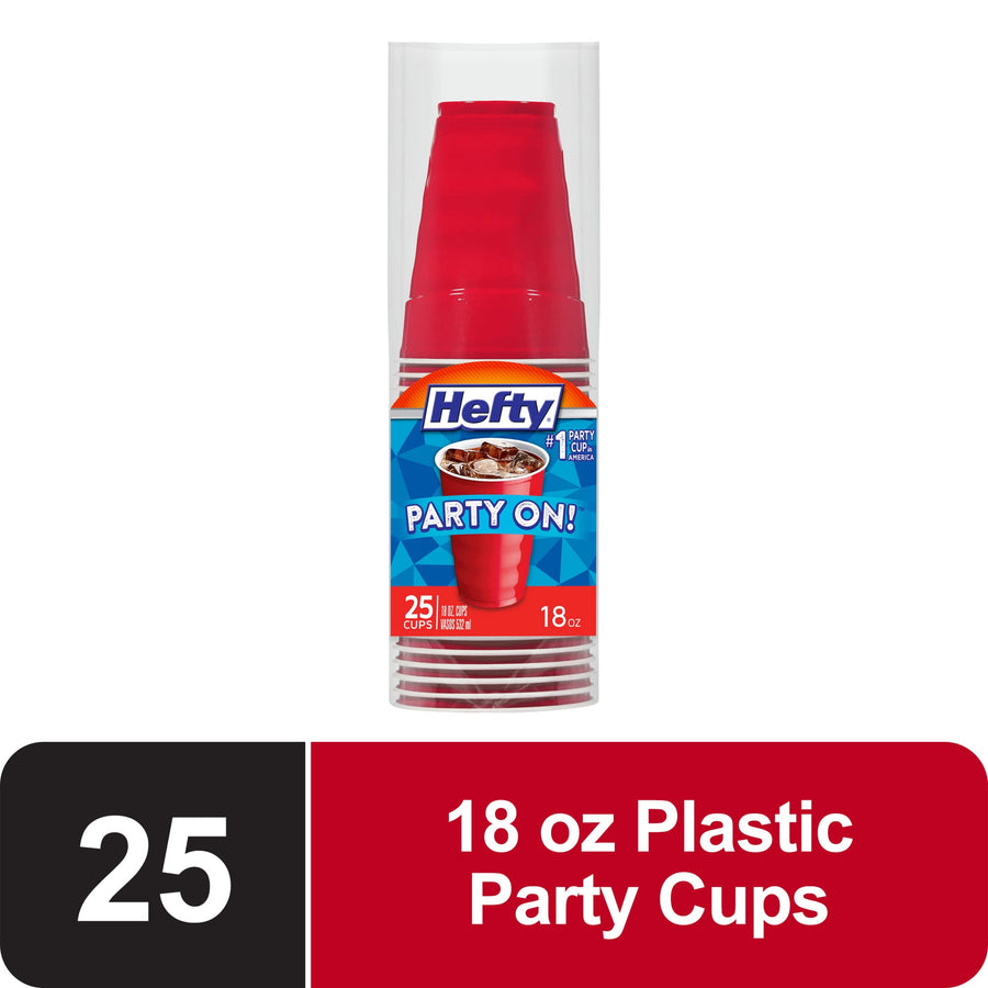Stack of red Hefty Party On plastic cups in clear packaging with Hefty label and 25-count/18 oz callout