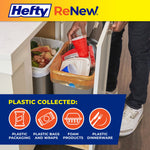 Cabinet recycling scene showing an orange Hefty ReNew bag lined in a bin with icons listing types of plastic collected