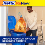 Person placing an orange Hefty ReNew drawstring bag into a blue recycling cart, promotional header and caption below