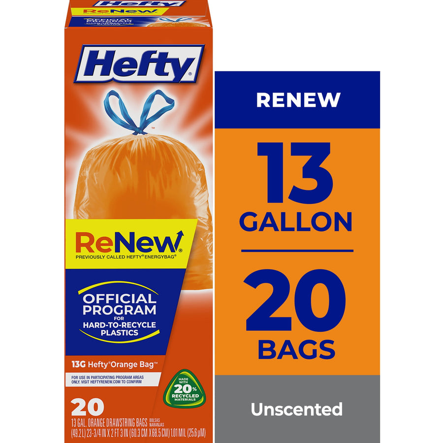 Hefty ReNew product box showing an orange tied drawstring bag and bold panel reading 13 gallon 20 bags, unscented