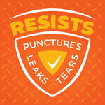 Orange shield-style graphic reading 'RESISTS' with 'Punctures Leaks Tears' text on a textured orange background