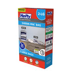 Hefty Shrink-Pak retail box angled view showing front packaging art with 2 large bags and hand pump callout.