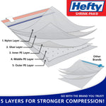 Exploded-layer graphic of Hefty Shrink-Pak bag showing five material layers and comparison to other brands.