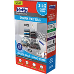 Hefty Shrink-Pak retail box showing 2-LG + hand pump packaging with before-and-after folded clothes image.