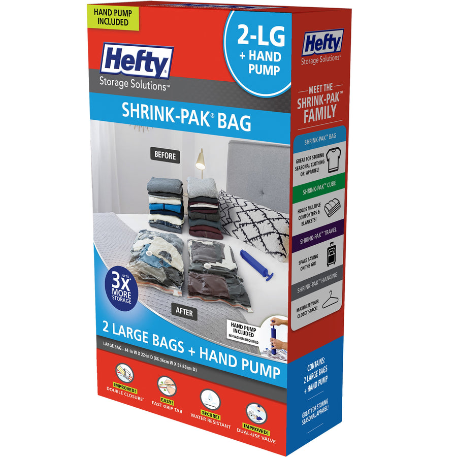 Hefty Shrink-Pak retail box showing 2-LG + hand pump packaging with before-and-after folded clothes image.