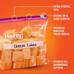 Close-up of a Hefty Slider bag of cheese cubes showing the slider track and callouts for extra strong seal and patented track.