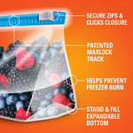 Illustration of a Hefty slider freezer bag of berries highlighting secure zips, MaxLock track and expandable bottom