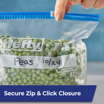Close-up of a Hefty freezer slider bag filled with peas being sealed with a blue slider