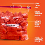 Close-up of a Hefty slider bag filled with watermelon showing callouts for extra strong seal, secure zip and MaxLock track