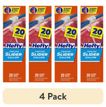 Four vertical Hefty Freezer Slider gallon box panels showing 20 count label and meat graphic on orange background