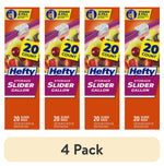 Four vertical Hefty Slider Gallon package fronts showing 20 count label and fruit image