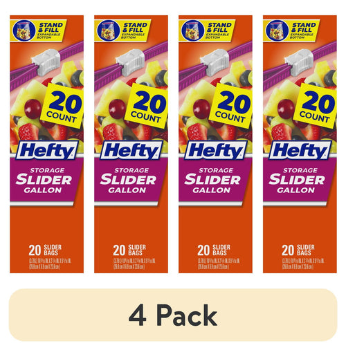 Four vertical Hefty Slider Gallon package fronts showing 20 count label and fruit image