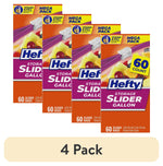 Four Hefty Slider Gallon storage bag boxes arranged as a 4-pack graphic with product branding and 60 count badge