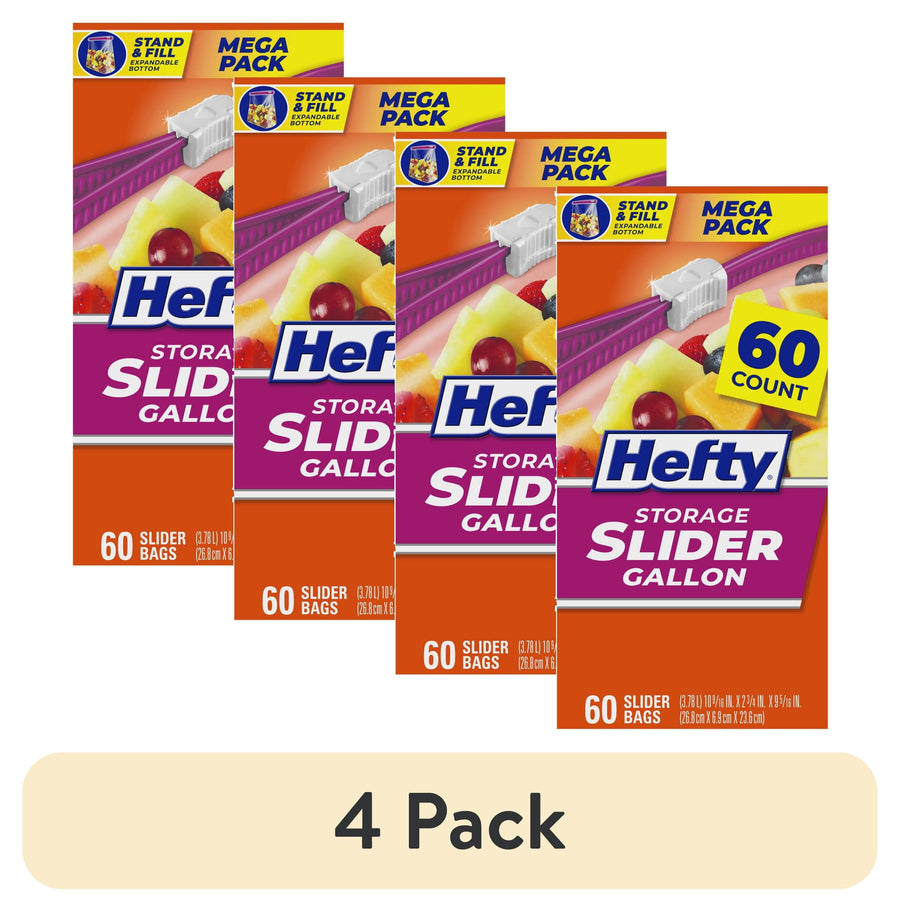 Four Hefty Slider Gallon storage bag boxes arranged as a 4-pack graphic with product branding and 60 count badge