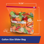 Hefty slider gallon bag filled with mixed vegetables with dimensions and 'Gallon Size Slider Bag' label