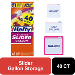 Hefty Slider Gallon box graphic with 40 count badge and icons comparing quart, half gallon and gallon sizes