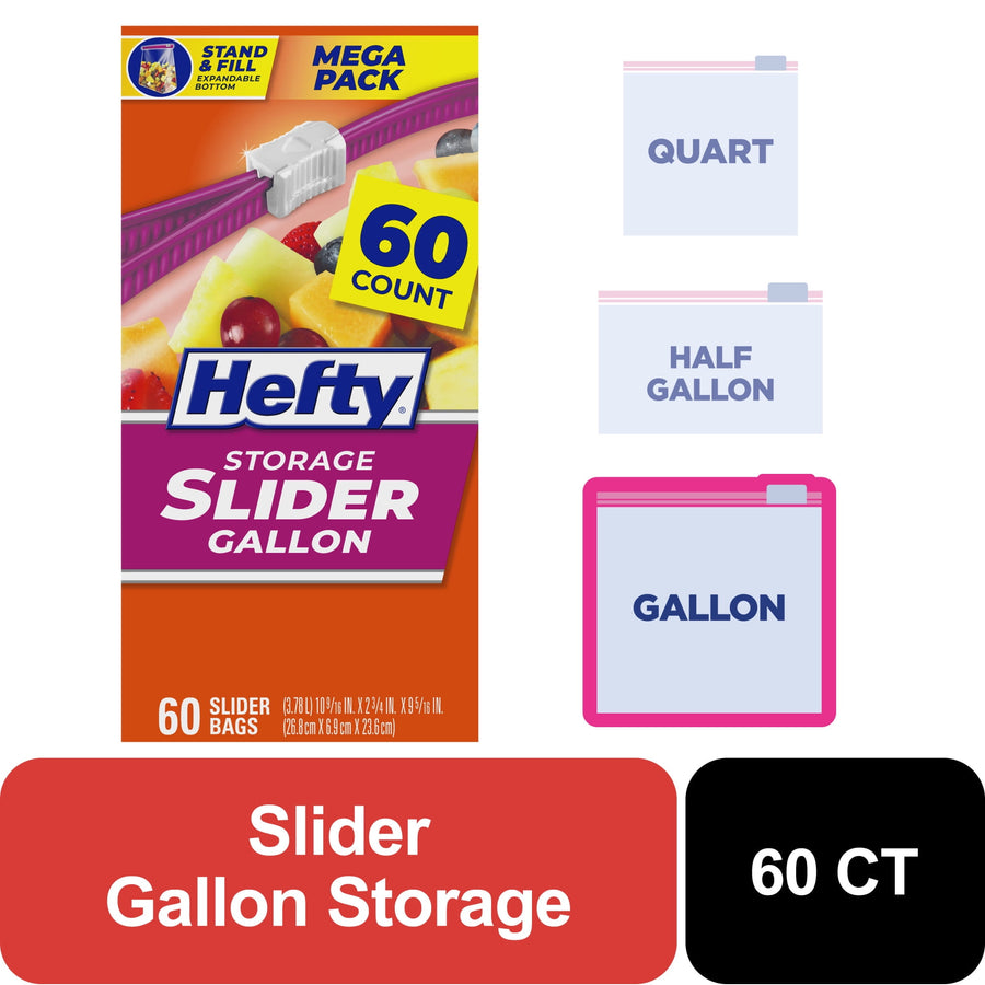 Product box front for Hefty Slider Gallon storage bags showing 60 count badge and packaging graphics