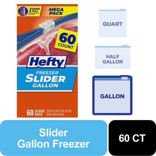 Hefty freezer slider gallon packaging with 60 count callout and icons showing gallon/half gallon/quart sizes