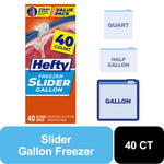 Hefty Freezer Slider Gallon package artwork with icons showing quart, half gallon and gallon bag sizes and bold 40 CT callout.