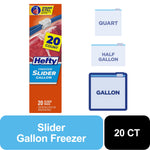 Hefty Freezer Slider gallon box art with icons comparing quart, half gallon and gallon sizes and 20 ct callout