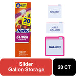 Hefty Slider Gallon package graphic alongside icons for quart, half gallon, and gallon sizes